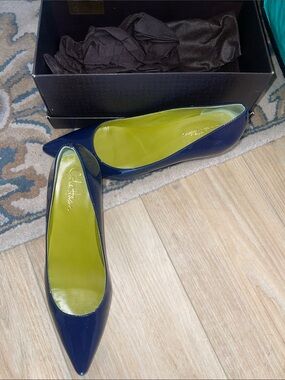 Cole Haan Navy Patent Pointed-Toe Heel with Lime Insole